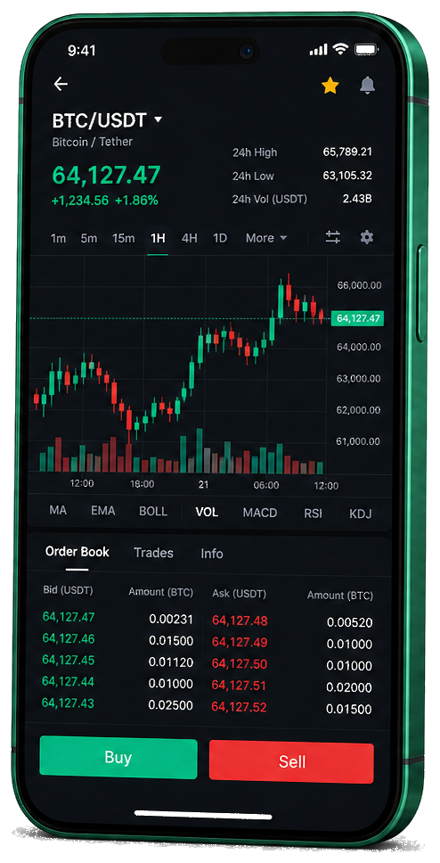 Application mobile de trading Voile Renditange — graphique BTC/USDT en temps réel, carnet d'ordres et interface d'achat/vente